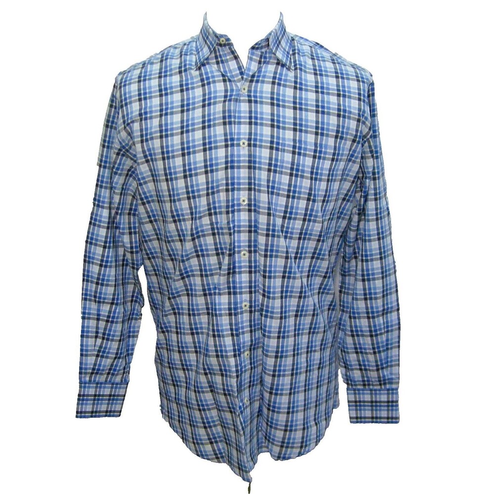 PETER MILLAR Men's (Size Large) Blue Plaid Long Sleeve Button Front Shirt Cotton